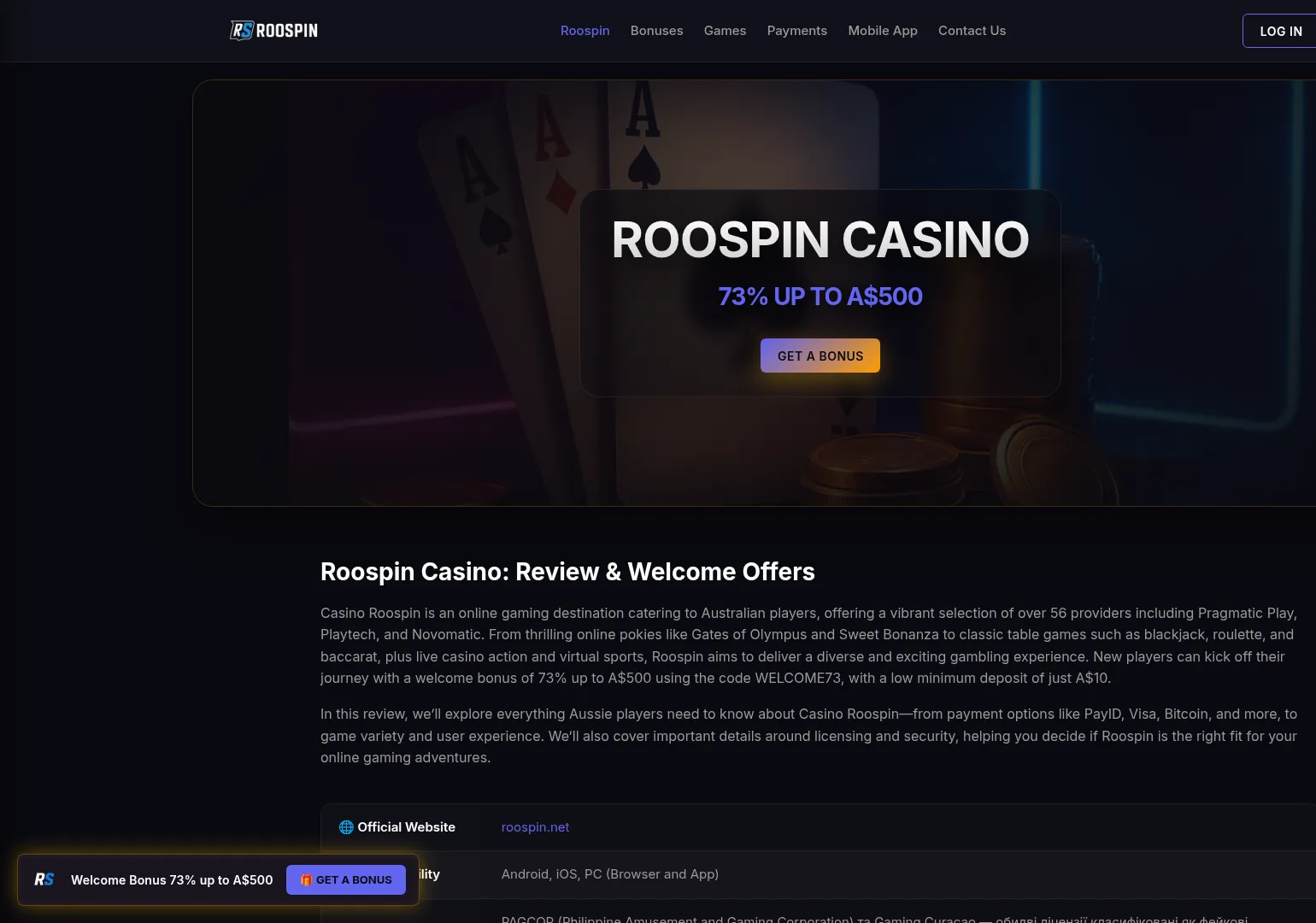 Bonus No Deposit Roospin Casino Review for Australian Players